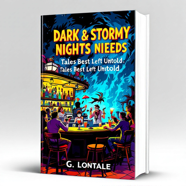 A vibrant, cartoonish illustration of a bustling bar scene set in Bermuda. The bar is packed with lively patrons, sipping on Dark and Stormy cocktails, while chaos ensues around them. A Bermuda Longtail bird comically flies overhead with a cocktail umbrella in its beak. The background features a dramatic view of a brewing storm outside the bar windows, adding an element of suspense.