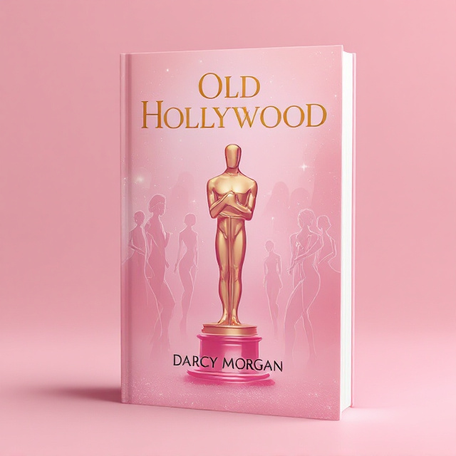 The cover features a backdrop of baby pink, providing a soft, romantic hue that mirrors the central theme of the book. In the center, there is a prominent Oscar statue, symbolizing the Old Hollywood setting and drama. Surrounding the Oscar, there are faint outlines of glamorous characters, reminiscent of iconic Hollywood stars, which invoke a sense of mystery, lust, and allure. The overall aesthetic is both elegant and girly, with subtle touches of sparkle to enhance reflection and glamour.