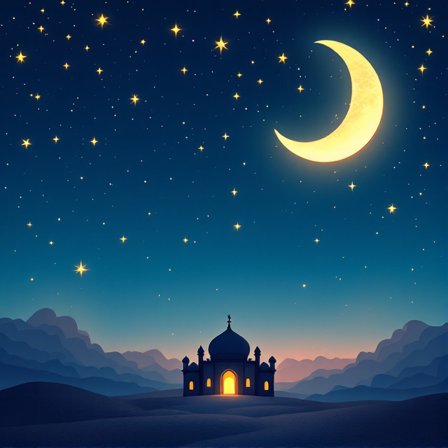 A serene night sky background featuring a crescent moon hanging in the top-right corner surrounded by twinkling stars scattered across the cover. Beneath the moon, a silhouette of a small mosque with a glowing lantern at the entrance. Islamic geometric patterns subtly overlay the sky, adding depth and texture.
