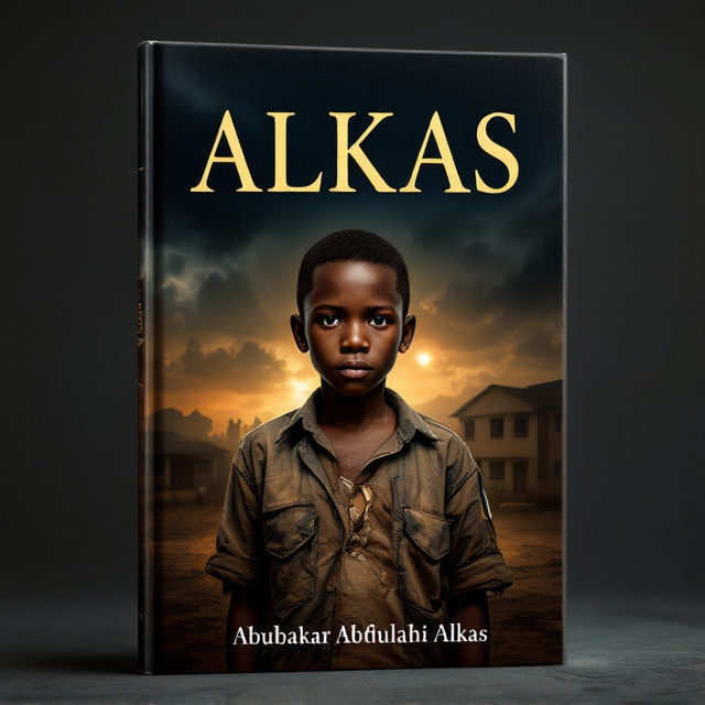 A young boy, Alkas, stands in the foreground with a determined yet somber expression. His clothes are slightly torn, suggestive of poverty. In the distance, a modest home and a school building symbolize his educational aspirations and struggles. Behind him, a fading image of a fractured family is visible, conveying conflict and separation. Above it all, a subtle light breaks through dark clouds, signifying hope and resilience.