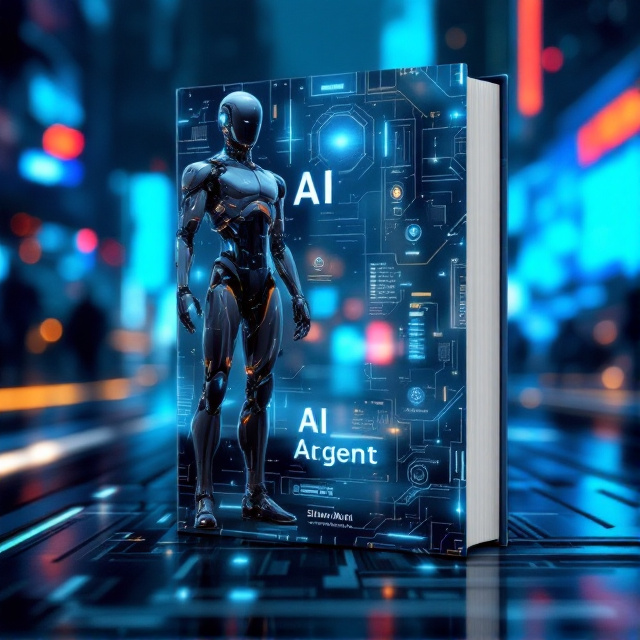 A futuristic scene with a sleek robot in the foreground, showcasing its intricate circuits and glowing elements. The background displays a cityscape with digital screens and holographic interfaces, hinting at advanced technology and artificial intelligence. The color palette is dominated by metallic blues, silvers, and touches of neon accents to emphasize the tech theme.