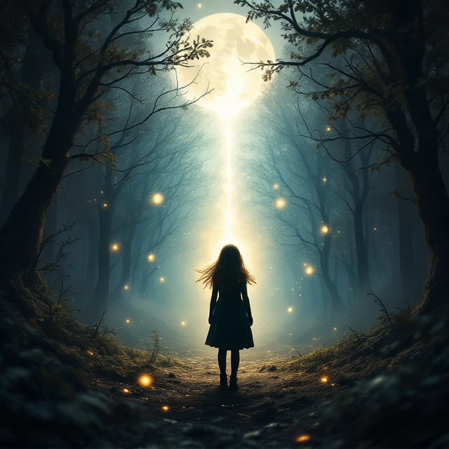 A dark, mystical forest setting enveloped in shadows and moonlight. In the foreground, a silhouette of a young girl, her face obscured by darkness, stands at the edge of two contrasting worlds—the mysterious and the familiar, depicted by a shimmering portal of light. Glowing orbs float around, symbolizing the magical elements of the story.