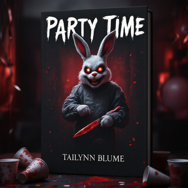 The cover features a dark, university dorm room party scene with dimly lit background hues of black and deep red. A sinister, life-sized bunny costume with spectacle horror elements stands slightly off-center, gripping a bloodied knife. The bunny's eyes are reflective with a reddish glow, and its grin is unnerving. Party decorations like streamers hang limply, and there are scattered party cups smudged with crimson hints all around, creating a setting of dread at what should have been a celebration.