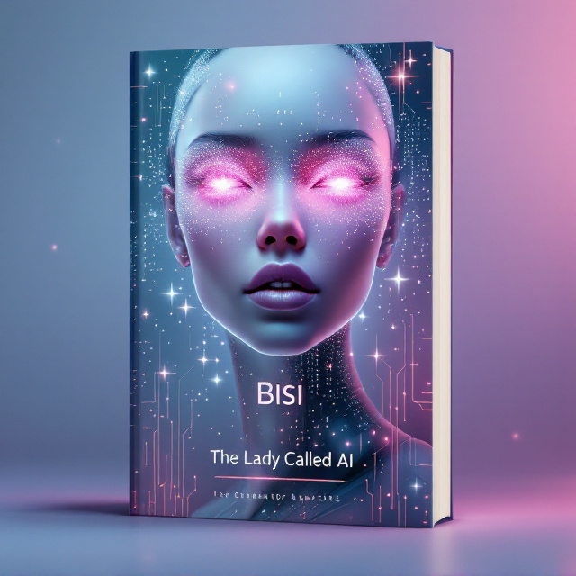 The cover features a central image of a sleek humanoid figure with soft, glowing features, elegantly designed using organic curves and metallic textures. Her face is captivating, with large, expressive eyes comprised of shimmering data streams that cascade gracefully, illuminating empathy and intelligence. Surrounding her are delicate floating elements, including binary code, neural network patterns, and abstract star-like shapes, all integrated seamlessly into the design. The background blends from soft blue at the top to a rich lavender/purple at the bottom, with subtle, almost ghostly white or silver circuitry lines running across it.