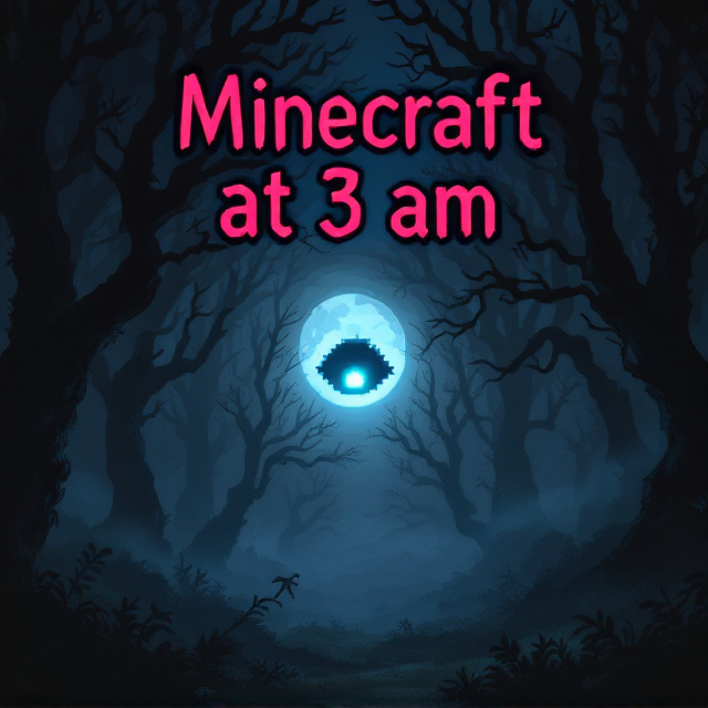 A dark, eerie forest setting under a moonlit sky, where trees have unnaturally twisted and gnarled branches. There's a glowing pixelated eye hovering among the trees, casting a faint, ominous light. Shadows and mist weave between the trees, creating a sense of depth and mystery.