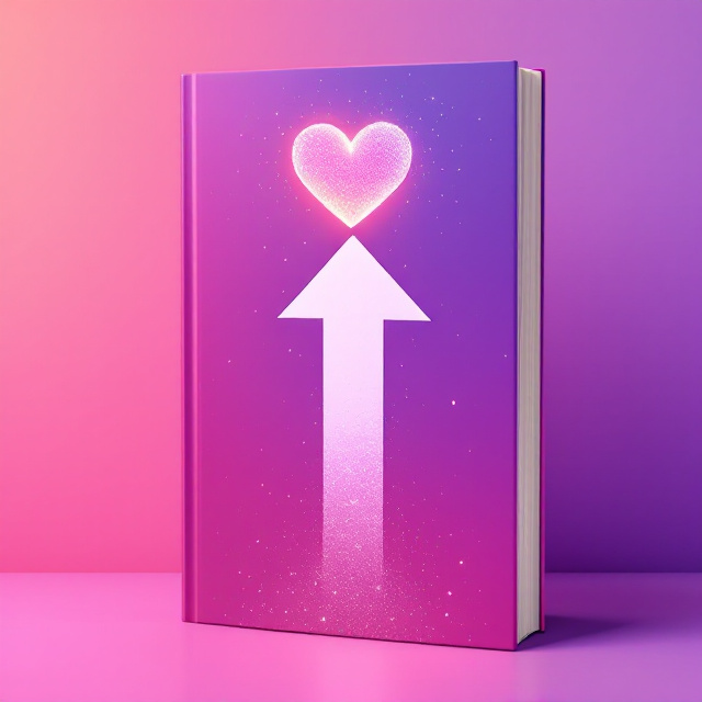A dynamic gradient background transitions from purple at the top to pink at the bottom. An upward arrow, bold and striking, stretches from the bottom center towards an elegant heart at the top. This heart, radiating with gentle sparkles, stands as the focal point. Beneath the arrow, a subtle silhouette of a smartphone hints at modern dating through technology.