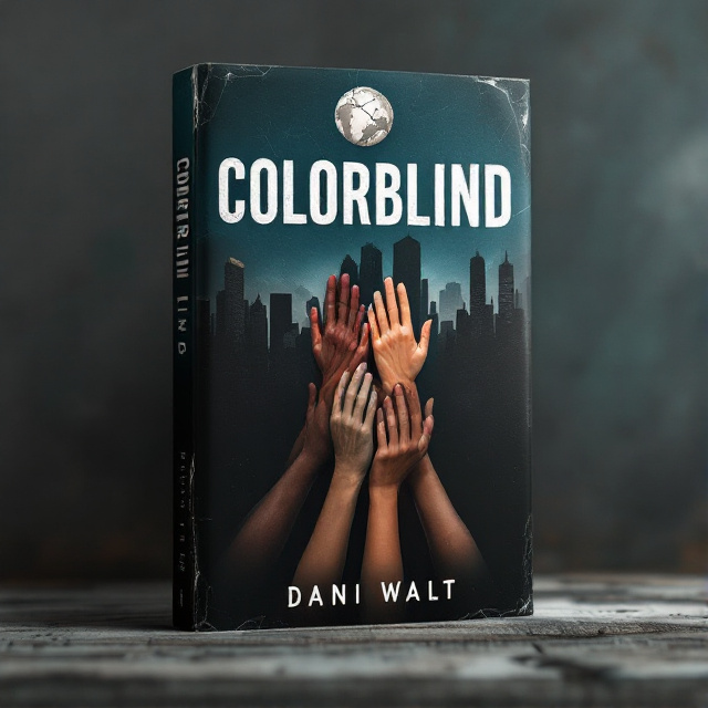 A dramatic, dark-hued background setting the dystopian tone, with a faint cityscape silhouette. Centrally positioned are six hands stacked on each other, each with distinct skin colors, symbolizing unity and rebellion. The top portion of the cover displays a cracked, monochromatic globe, further emphasizing the dystopian theme.
