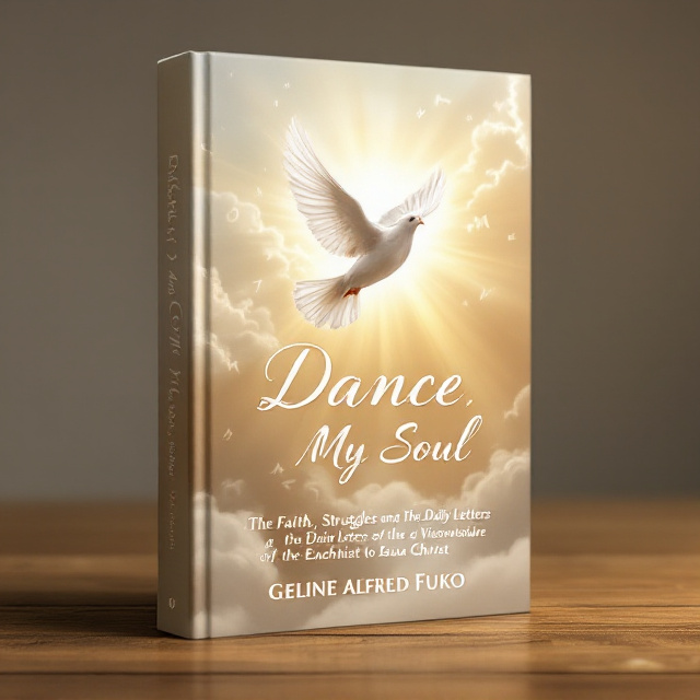 standing book mockup, Its title is "Dance, My Soul: The Faith, Struggles and The Daily Letters of Vicensia Marie of the Eucharist to Jesus Christ". Its author name is Geline Alfred Fuko.  A serene photograph of a solitary white dove in flight against a softly glowing backdrop of clouds, symbolizing purity and a connection to the divine. This image is centrally aligned with golden rays streaming outwards, suggesting hope and faith. A subtle overlay of letters or handwritten text fades into the background, hinting at the daily letters theme. The overall tone is warm and light, evoking a sense of peace and holiness. An elegant serif font for the title, suggesting timelessness and grace, combined with a stylish sans-serif font for the author's name. The title is in soft gold to match the rays emanating from the dove, ensuring it’s both prominent and harmonious with the photo's colors., The dove image occupies the top two-thirds of the cover, with the title centrally aligned just below the dove. The author’s name is placed at the bottom, balanced and proportionate, ensuring it is clear yet not overpowering. The background remains clean to enhance focus on the dove and text elements.