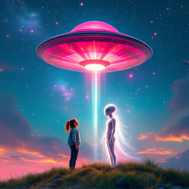 A vibrant sky-filled backdrop, with a striking pink saucer-shaped lenticular cloud hovering dominantly in the upper third of the cover. Beneath the cloud, a young girl with an adventurous expression stands on a grassy hill, looking upward toward the cloud. Beside her, an ethereal alien figure made entirely of shimmering, radiant light appears to almost be part of the starlit cosmos, their forms subtly intertwined with streaks of luminescent color that suggest motion and excitement. This colorful sky sets the tone for a thrilling adventure among the stars.