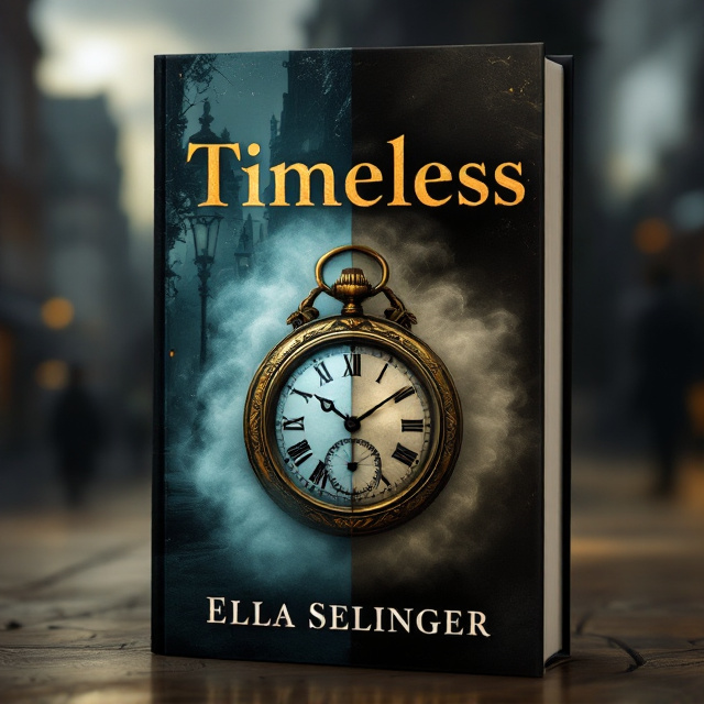 A split cover revealing two contrasting worlds; on the left, a Victorian-era street engulfed in shadows, gas lamps flickering, and silhouettes of carriages and pedestrians. On the right, a modern urban scene, with dimly lit skyscrapers and the ghostly outline of a detective holding a magnifying glass, suggesting mystery. In the center, a bold image of an ornate pocket watch half-submerged in mist, symbolizing the element of time.