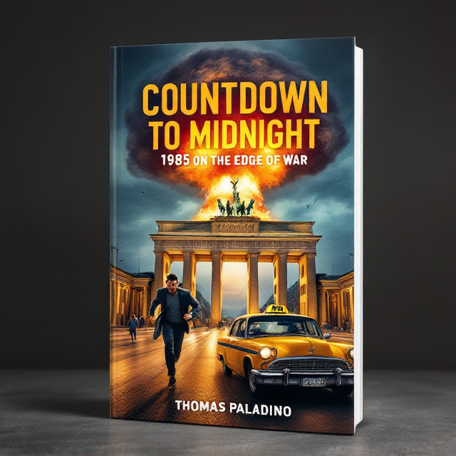 A dynamic scene featuring a man sprinting forward with a look of urgency on his face, alongside a classic yellow taxi cab in mid-turn, set against the iconic Brandenburg Gate in Berlin. In the sky beyond, a large, ominous nuclear mushroom cloud looms, casting a shadow over the cityscape. The color palette shifts from warm reds and oranges of an impending explosion to the cooler blues and grays of nightfall.