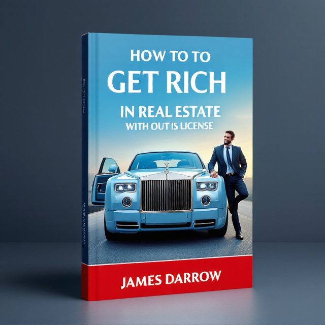 standing book mockup, Its title is "HOW TO GET RICH IN REAL ESTATE     WITH OUT A LICENSE". Its author name is JAMES DARROW .  The cover features the front of a Rolls Royce Phantom in a soft blue hue, occupying the center stage. The rear door is open, revealing the silhouette of a distinguished gentleman casually resting his foot on the bumper. The background is a gradient of soft blue fading into a serene sky, with a subtle touch of red in the form of a thin stripe running horizontally across the bottom of the cover, adding a hint of vibrancy and luxury. The book title is in a large, bold serif font, projecting a sense of elegance and authority. "HOW TO GET RICH" is emphasized at the top half, while "IN REAL ESTATE WITHOUT A LICENSE" sits right below in slightly smaller size. JAMES DARROW's name is placed at the bottom in a sleek, sans-serif font, colored in soft blue., The open door of the Rolls Royce forms a natural frame on the left side, drawing the viewer's gaze towards the gentleman and the title above. The author's name at the bottom balances the design, anchoring it solidly. The soft blue and red color scheme reinforces the luxurious and yet approachable theme of the book.