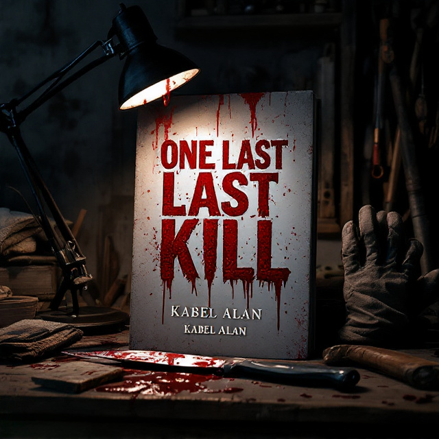A dimly lit room with the focus on a cluttered wooden desk in the foreground. On the desk are a sharp, menacing knife and a heavy hammer, both slightly covered in fresh, glistening blood. Next to them, a worn-out glove with visible bloodstains. The small lamp is casting eerie, elongated shadows on the desk, enhancing the sinister atmosphere. The background fades into darkness, emphasizing the tension and horror.