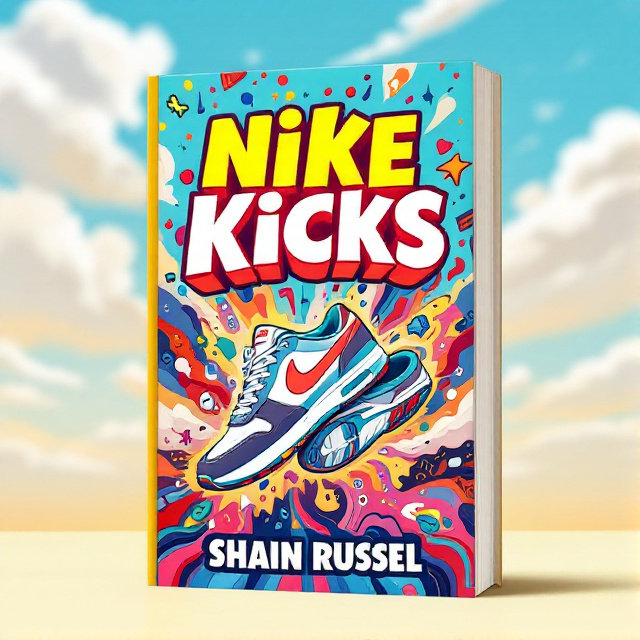 The cover features a vibrant, stylized illustration of a pair of iconic Nike sneakers, animated with a sense of motion, surrounded by a whirlwind of colorful patterns and abstract shapes. The backdrop is a sunny, cloudless sky, setting a cheerful tone.