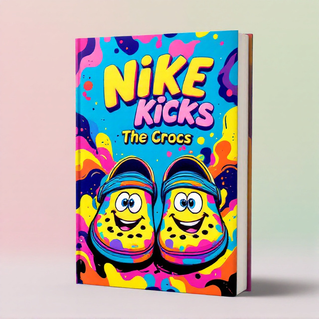 Vibrant graphic illustration of a pair of colorful Crocs, with cartoonish eyes and a big smile on each shoe, situated at the center of the cover against a lively, multicolored abstract background, creating a dynamic and joyful atmosphere.