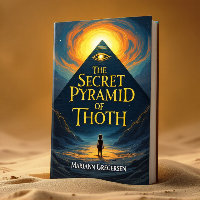 An illustration of a mysterious pyramid obscured by swirling sands, with a partially revealed ancient eye symbol glowing at its apex. Vibrant colors with subtle shadows create a sense of depth and mystique. The sun is setting in the background, casting a golden hue over the scene, with a small silhouette of a child adventurer peeking curiously from one corner of the pyramid.