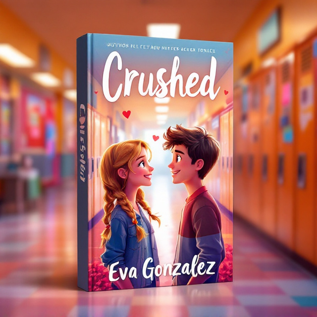 The cover features an animated scene in a vibrant school hallway, bustling with lockers and bulletin boards. In the foreground, a 12-year-old girl with blonde hair styled in two braids is shown smiling at a 12-year-old boy with brown hair. Both characters are central to the design, with warm, inviting colors that convey a sense of young innocence and budding romance. Background elements are slightly blurred to keep focus on the characters, and there's a subtle heart motif drawn on a nearby locker.