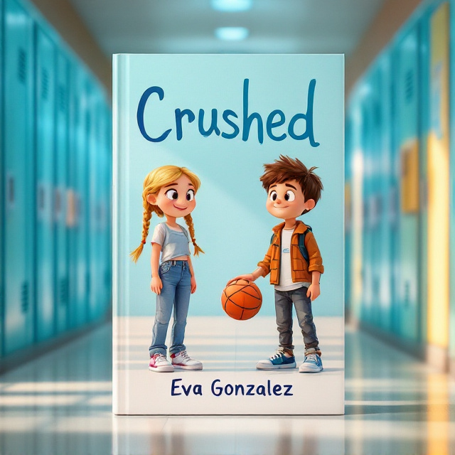 The cover features a lively and brightly colored school hallway setting. On the left side, a 12-year-old animated girl with blonde hair styled in two braids is shown, smiling shyly. On the right, a 12-year-old boy with brown hair is dribbling a basketball, both of them dressed in casual school attire. They are standing apart but clearly aware of each other, portraying a sense of youthful crush. Lockers painted in soft blue lines the background.
