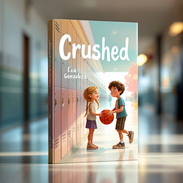 An animated 12-year-old girl with blonde hair in two braids is on the left side of the cover, smiling and gazing towards a 12-year-old boy with brown hair on the right side. The boy is dribbling a basketball next to a row of pastel-colored lockers that stretches across the center of the cover. The background features a slightly blurred school hallway to create depth, while soft lighting highlights the two characters, giving them prominence.