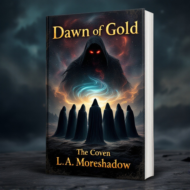 A dark, stormy landscape fades into a mystical, glowing horizon where a group of cloaked figures stands in a circle, their hands linked and faces determined. In the background, a menacing shadow with piercing red eyes looms, suggesting the presence of a great evil. Overhead, a magical aurora spirals into the sky, symbolizing the combined magical strength of the coven.