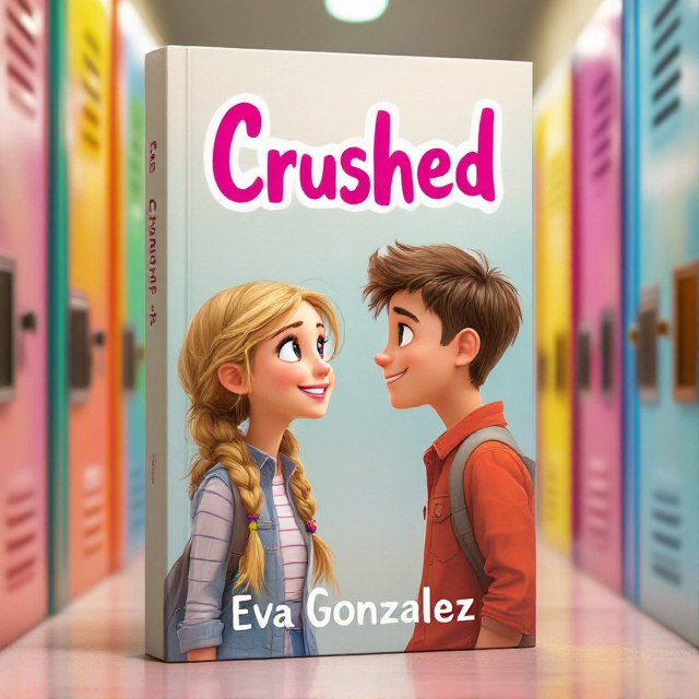 An animated 12-year-old girl with blonde hair in two braids is positioned on the left side of the cover. She is turned slightly, smiling at a 12-year-old boy with brown hair on the right side. Both characters are animated, with exaggerated expressions to capture the emotion of a school crush. Surrounding them are colorful lockers, creating a vibrant school hallway setting. The background is a mix of pastel colors, emphasizing warmth and the light-hearted nature of school life.