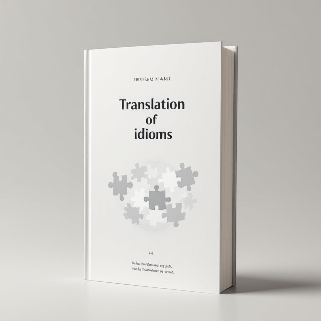 standing book mockup, Its title is "Translation of idioms".  A clean, abstract illustration of interlinked puzzle pieces, each piece representing a different language symbol or character, set against a neutral background. The puzzle pieces form a subtle globe shape, symbolizing global communication. A modern sans-serif font with a slight geometric twist, providing a clean and academic look. The title is bold and centered, with varying shades of gray for depth., Title positioned at the top center, visual composition in the middle, and a subtle tagline at the bottom. The area where the author's name typically appears should be left completely blank, with no text or placeholder.
