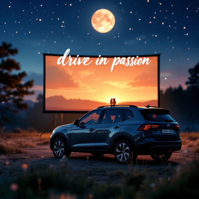 The cover features a grey SUV prominently parked at an angle in the foreground, surrounded by a soft-focus background of the drive-in cinema screen displaying a romantic movie scene. The night sky is starry with a slight moon glow, adding a tender ambiance. Silhouettes of a couple can be subtly seen reflected in the rear window of the SUV, enhancing the feeling of intimacy and romance. Warm tones and soft lighting create an inviting and dreamy atmosphere.