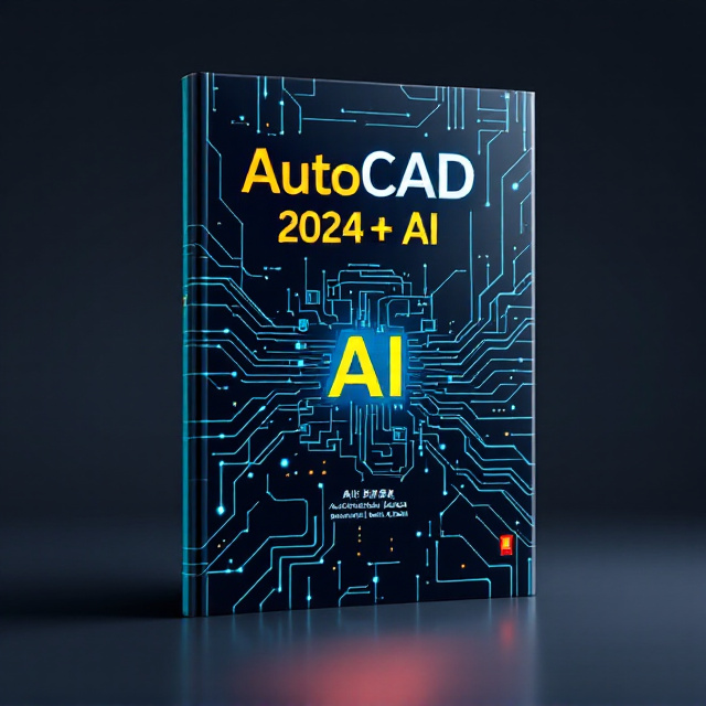 The cover features a futuristic, technology-infused design with bright electric blue code lines weaving across the surface. These lines form intricate, circuit-board-like abstract patterns, capturing the essence of computer technology. At the center, an abstract silhouette of the AutoCAD 2024 interface merges gracefully with AI data flow graphics, symbolizing the integration of AutoCAD 2024 and AI-assisted design. The backdrop uses a dark gradient to enhance the bright colors and floating elements.