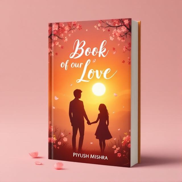A tender scene of two silhouettes holding hands under a vibrant sunset, bordered by soft cherry blossom petals drifting across the cover. The background transitions from a warm orange at the top to a soft pink at the bottom, embodying the warmth and tenderness of love.