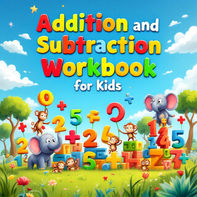 A colorful and lively illustration featuring playful animals (like monkeys and elephants) engaging with oversized mathematical symbols (plus and minus signs). The playful animals are arranged in a lively scene on a grassy field under a bright, blue sky with scattered clouds. The animals appear excited and involved, with some holding large addition and subtraction symbols and others balancing on stacks of numbers. The title is integrated into the scene, with numbers growing like plants around it.