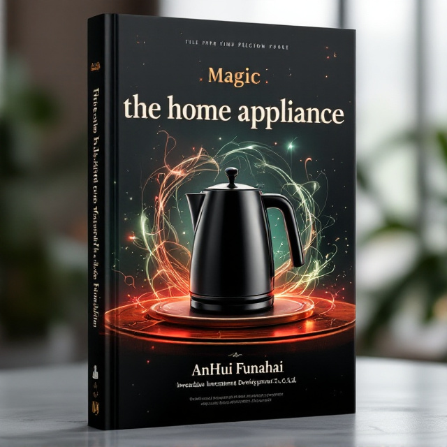 A sleek, glossy electric kettle sits majestically on a luxurious mahogany table in the center. Surrounding the kettle are abstract swirls representing magic and enchantment, subtly integrated into the background. The colors are predominantly black with hints of vibrant red and green accents symbolizing power and elegance. The background includes faint outlines of modern home appliances, enhancing the sense of a magical yet sophisticated world.