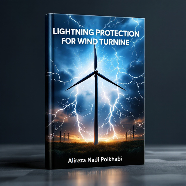 A wind turbine is prominently placed in the center, surrounded by dynamic lightning bolts that arc dramatically, indicating motion and energy. The background features a blend of deep blue and white hues, with touches of gold and silver subtly highlighting key elements like lightning. Bright light effects emanate from the lightning, creating a luminous effect around the turbine.