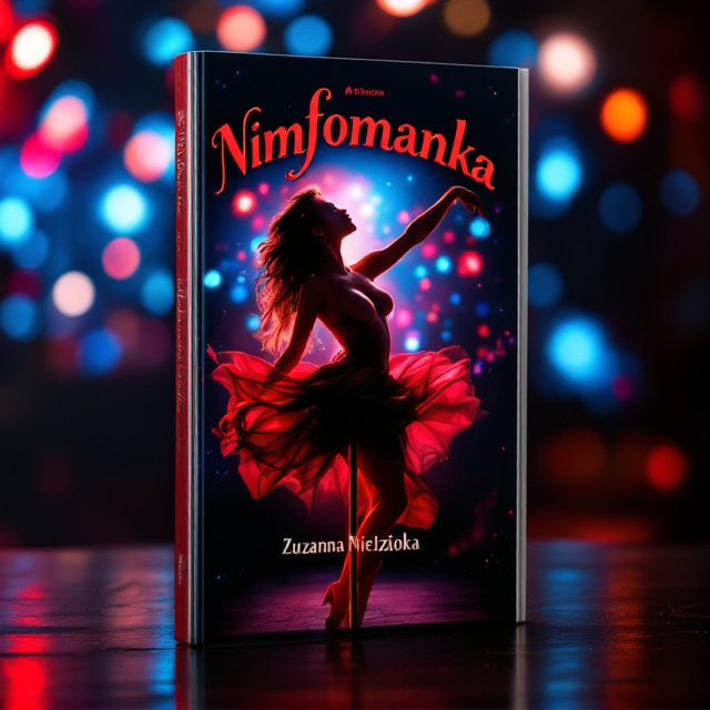 A sensual and captivating image of a woman gracefully dancing on a pole, set in a dimly lit nightclub environment. Her silhouette is accentuated by a spotlight, creating dramatic shadows and highlights. The background features a blur of colorful lights and abstract shapes, enhancing the sense of movement and energy. The dominate colors are rich reds and deep blues, blending together in a way that suggests both romance and mystery.