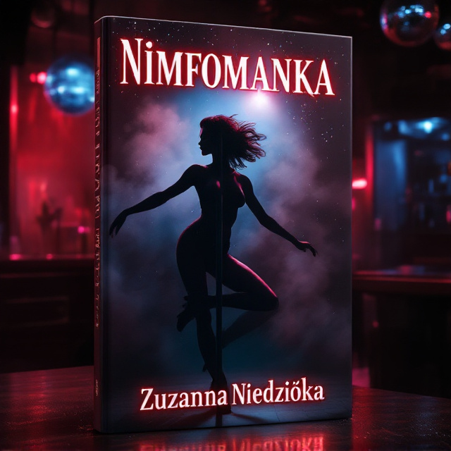 A sultry scene featuring a dimly lit nightclub with neon lights glowing in red and blue hues. A silhouette of a confident, alluring woman in mid-motion dancing on a shiny metallic pole takes center stage. Her figure is gracefully accentuated by subtle shadows and glimmers of light that fall on her from a glittery disco ball in the background. A faint, swirling fog adds depth and an alluring sense of mystery.