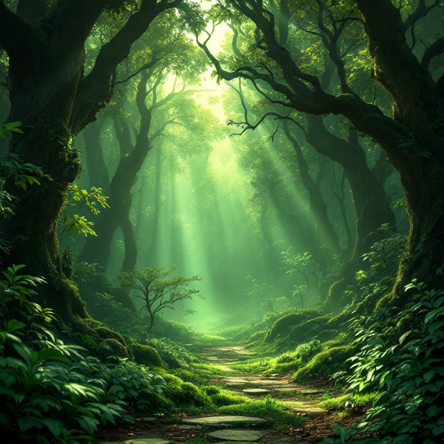 A captivating scene of an ancient, lush forest with towering trees and a dense canopy allowing sunrays to softly pierce through, creating a dappled light effect on the forest floor. Among the trees, a few beautiful, green-skinned dryads are gracefully intertwined with the flora. In the center foreground, prominently displayed, is a small, coin-sized runestone on the forest floor, engraved with an intricate, glowing rune. The ambience is serene yet slightly mysterious, with a mist that adds a touch of enchantment to the scene.