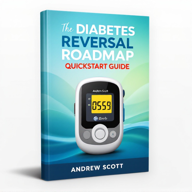 A large, realistic image of a blood-sugar monitor as the central focus with a digital reading showing a healthy number. The background is a blend of calming blues and greens with a subtle wave pattern, representing serenity and health.