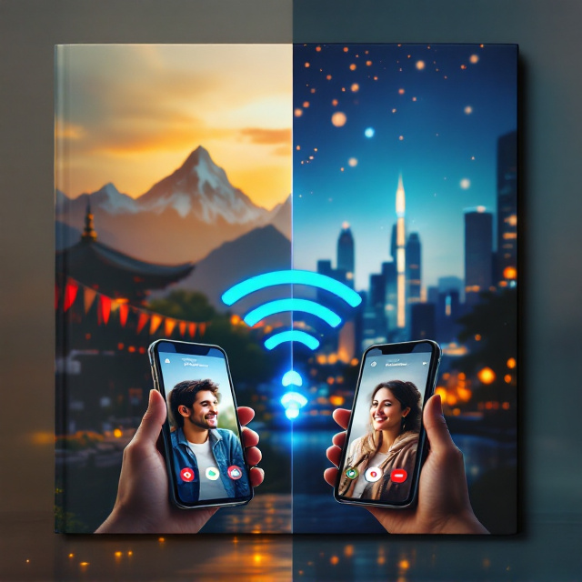 The front cover is split into two distinct halves. The left side represents Nepal with elements like the serene Himalayas, a pagoda, and prayer flags set against a warm golden sunset. The right side represents the woman’s foreign background, showcasing a modern cityscape with tall skyscrapers and twinkling lights. In the foreground of both halves are two smartphones, each showing the video call screen of the couple smiling at each other. Between the two halves, a symbolic WiFi signal in soft blue emerges to showcase the technological connection.