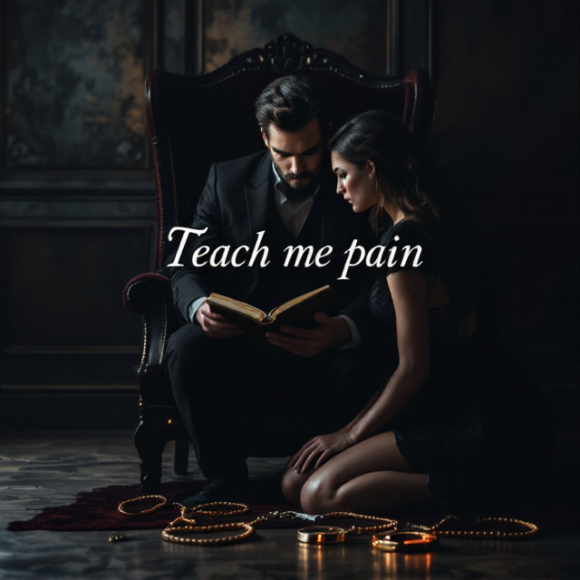 A dimly lit dark room with textured shadows creating an intense, moody atmosphere. In the forefront, there’s a strikingly handsome professor sitting on an elegant, dark velvet chair with a leather-bound book in his hand. His brooding gaze is directed downward toward a young woman on her knees before him. Her head is slightly bowed, with soft light illuminating her expression of intrigue and submission. A pair of handcuffs lies near her, and delicate ropes trail away into the shadows. The entire background blends into a subtle vignette, creating a sense of intimacy and mystery.