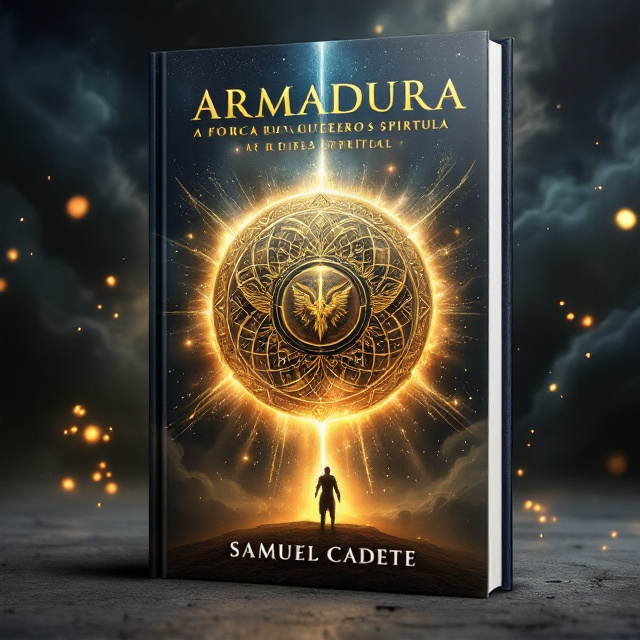 The cover features a central glowing ancient shield, embossed with intricate angelic and mystical symbols, radiating light outward as though divinely charged. The backdrop illustrates a dramatic cosmic scene with swirling storm clouds giving way to beams of celestial light. A faint silhouette of a warrior in ancient armor, holding a gleaming sword, stands in the distance. The colors transition from dark shades of navy and black to brilliant golds and whites, signifying victory and hope. Subtle sparks and embers float around the shield, evoking energy and power.