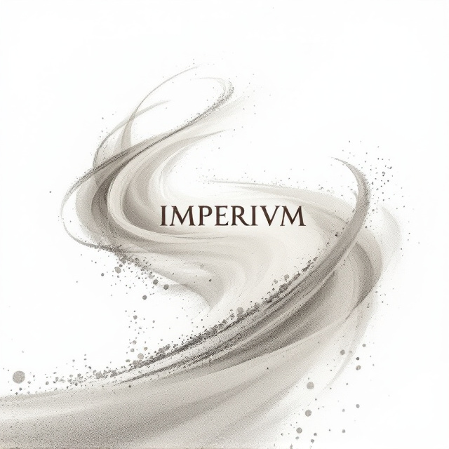 A stark white background dominated by a swirl of pale sand particles spiraling upward from the bottom of the cover, creating a sense of movement and abstraction. These particles subtly merge into an epic yet minimalist silhouette of Roman columns faintly hinted at in the background, crafted with faint gray strokes. The title "IMPERIVM" is in bold, centered horizontally across the middle of the cover, partially overlapped by the sand particles to create depth.