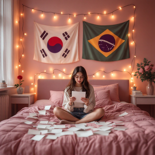 A cozy pink bedroom is the cover's focal point, bathed in a soft, warm gradient. A plush bed with a quilted pink comforter sits slightly off-center, with love letters scattered across its surface and spilling onto the floor. On the wall behind the bed, two flags—South Korean and Brazilian—are draped side by side, symbolizing connection and cultural fusion. A young woman sits cross-legged on the bed, holding a letter with a look of dreamy focus. The room is softly lit with fairy lights strung along the headboard, casting a golden glow. The backdrop includes subtle details like a laptop on a side table, a stack of unread love letters beside it, and a vase with a single red rose.