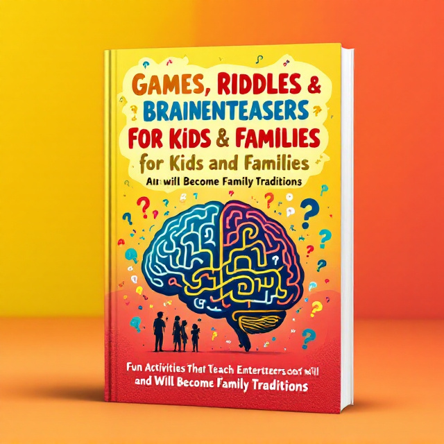 The cover features a vibrant explosion of colors such as yellow, red, and turquoise. It incorporates playful imagery of floating question marks, illustrated brain puzzles, and silhouettes of children and families thinking together. A central focal point is a vibrant, maze-like brain with paths weaving in and out, suggesting thought and creativity. The background is a gradient of warm colors, transitioning softly from yellow at the top to red at the bottom, creating an energetic and welcoming vibe.