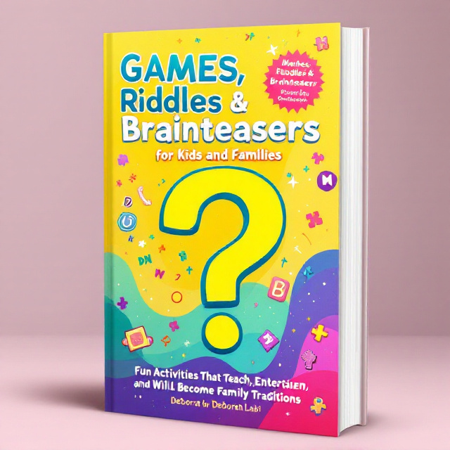 The cover features a bright and vibrant color palette with a playful gradient background of yellow, cyan, and magenta hues. The center is dominated by a large outline of a playful question mark surrounded by scattered elements such as jumbled word letters, small icons of brain shapes, and puzzle piece symbols. The title appears in vivid block lettering at the top, with the author's name subtly placed near the bottom. A few whimsical arrows and dotted lines crisscross the cover to add a sense of movement and energy, inviting readers to step into a world of fun challenges.