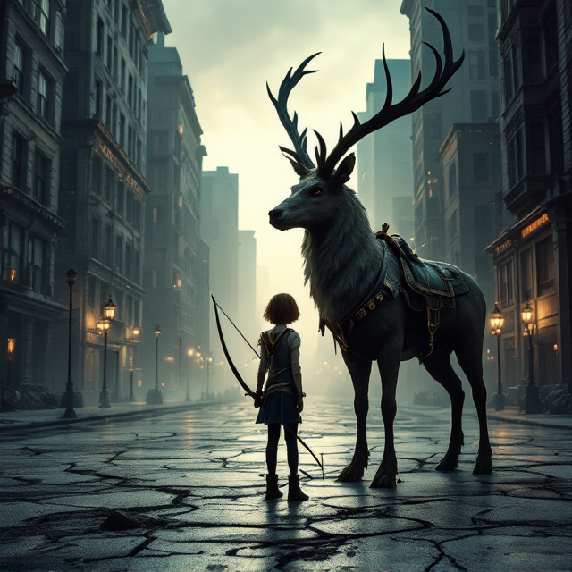 A tall, skinny 12-year-old girl with short brown hair stands centrally in a dramatic pose, holding her bow while the quiver rests across her back. Beside her to the right, looming protectively, is a giant jackalope, its saddle gleaming in soft light. The gritty, grey-toned deserted city plaza surrounds them, with cracked pavement and abandoned skyscrapers in the hazy background. Twilight sky hints at an ominous, apocalyptic mood. A subtle metallic sheen is added to the jackalope’s saddle for intrigue.