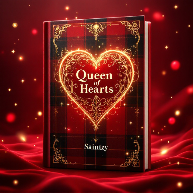 A glowing, intricate heart-shaped emblem sits at the center, formed through the interweaving of gold filigree on a red and black plaid gradient. Around the emblem, floating gold sparkles and faint glowing orbs give the impression of magic and mystique. Surrounding the emblem, abstract shapes of swirling fantasy tendrils subtly intertwine with hints of red mist, creating a sense of movement. The background is a lush, deep-toned red with gold accents and plaid patterns that create depth.