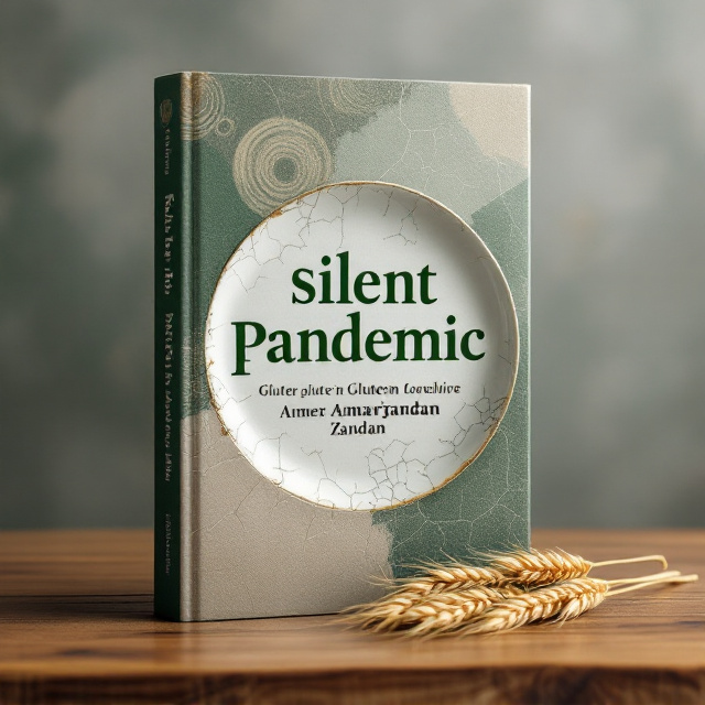 A subtle but striking abstract background showcasing a cracked porcelain plate with fragments on a wooden table, symbolizing fragility and disruption of daily life due to food allergies and health issues. Overlaid on the plate are faint spirals and shadows, subtly suggesting psychological and digestive struggles. Muted earth tones dominate the background, with pops of green and neutral white to bring balance. A small, delicate sprig of wheat lies across the lower part of the cover, representing gluten intolerance—a centerpiece for the visual theme.