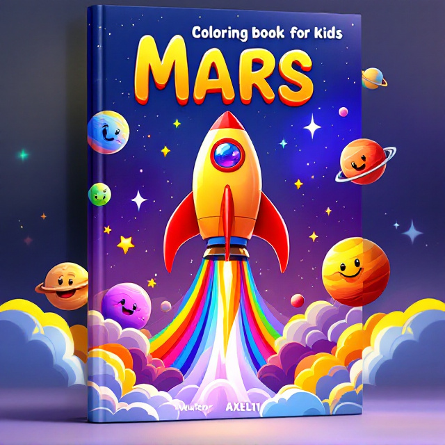 A bright, vibrant space-themed cover featuring a large, playful flying rocket at the center in vivid colors like red and yellow. There are illustrations of smiling and colorful planets with expressive cartoon faces scattered across the sky, all set against a gradient cosmic background of blues and purples. The rocket emits a trail of rainbow-colored smoke forming abstract patterns that lead the eye upwards. Star clusters and sparkles are strewn across the composition to create a magical atmosphere.