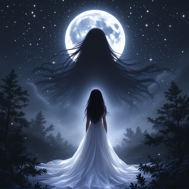 The central figure is a young girl with dark purple hair, standing with her back to the viewer, dressed in a flowing white gown that cascades toward the bottom of the cover. Her head is tilted upward as she admires a partially eclipsed moon in a vast starry night sky. Behind her, her shadow is replaced with a majestic, regal silhouette of the Moon Goddess, her hair and gown flowing outward in an otherworldly manner. The background features dark silhouettes of trees partially shrouded in an ethereal mist, blending seamlessly into the starry sky. The soft moonlight reflects on the girl's gown and the mist, creating a luminous effect. Small silver and gold accents adorn the mist and stars to enhance the grandeur.