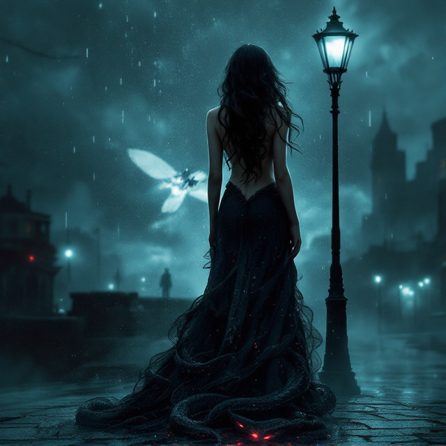 A femme fatale, Irina, stands at the center of the cover. She has cascading, jet-black hair and wears a dark, elegant gown with one shoulder exposed. She is backlit by the chilling, soft glow of a Ukrainian satellite that is visible in the stormy, nighttime sky. Encoded binary signals flow from the satellite in ethereal streams toward Tomasz, depicted as a shadowy figure barely visible in the distance – symbolizing his helpless position in the unfolding inquisition. The lower half features a serpentine black viper coiled tightly around a frosty, iron streetlight, its sinister red eyes fixated on Irina, radiating a sense of menace and betrayal. The city's labyrinthine streets of Poznań are shrouded in fog and laced with Illuminati symbols subtly etched into the building facades. The omnipresent red warning light above Irina ominously bathes her and the cityscape in stark highlights, setting an anxious and suspenseful tone.