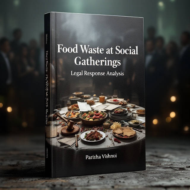 A discarded buffet table is shown as the central focus, with plates of untouched food scattered across it, symbolizing wastage. Legal documents and a gavel are subtly integrated into the scene, partially overlapping with the table to represent a legal aspect. A hazy crowd dressed in formal attire looms in the background, representing the social gathering, depicted in muted tones. The atmosphere of the cover carries a melancholy look with dim lighting and soft shadows.